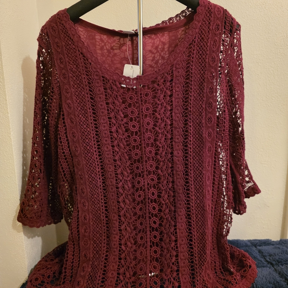 Christopher & Banks Burgundy Crochet Lace Blouse with Inner Tank-Large